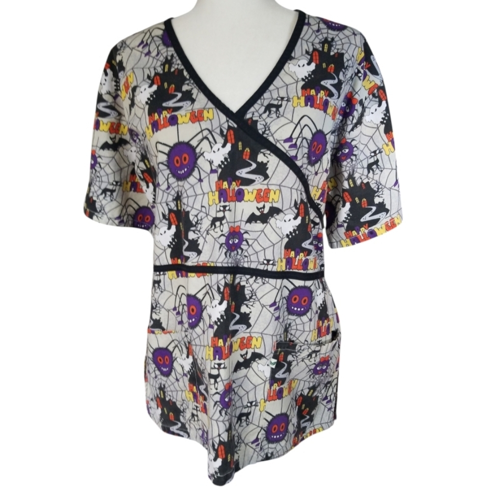 Peppermint Halloween Print Women's Scrub Top - Black and Purple